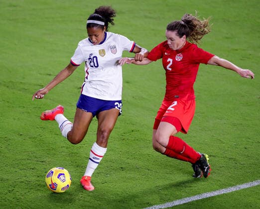February 18, 2021: United States defender MARGARET PURCE (20) makes a pass against Canada defender ALLYSHA CHAPMAN (2) during the SheBelieves Cup United States vs Canada match at Exploria Stadium in Orlando, Fl on February 18, 2021. - ZUMAk149 20210218_zsp_k149_055 Copyright: xCoryxKnowltonx
