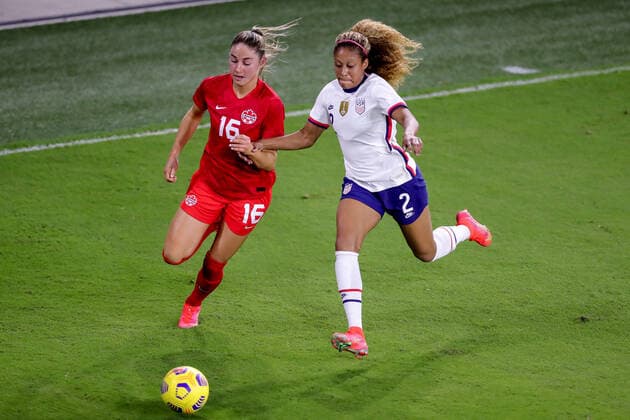 February 18, 2021: Canada forward JANINE BECKIE (16) competes for the ball against United States defender CASEY KRUEGER (2) during the SheBelieves Cup United States vs Canada match at Exploria Stadium in Orlando, Fl on February 18, 2021. - ZUMAk149 20210218_zsp_k149_087 Copyright: xCoryxKnowltonx