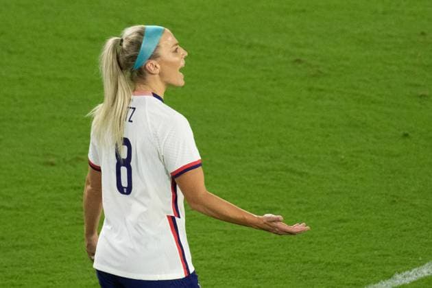 Orlando, Florida, Feb 18th 2021: Julie Ertz ( 8 United States) calls for the referee during the She Believes Cup match between United States and Canada at Exploria Stadium in Orlando, Florida. Andrea Vilchez SPP She Believes Cup - United States v Canada 