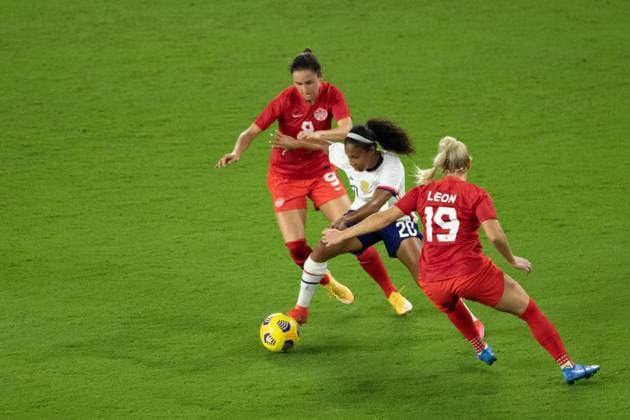 Orlando, Florida, Feb 18th 2021: Maragaret Purce ( 20 United States) dribbles through the Canada defense during the She Believes Cup match between United States and Canada at Exploria Stadium in Orlando, Florida. Andrea Vilchez SPP She Believes Cup - United States v Canada 