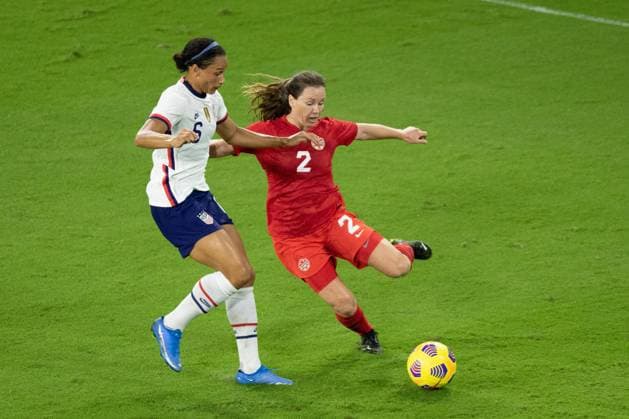 Orlando, Florida, Feb 18th 2021: Allysha Chapman ( 2 Canada) and Lynn Williams ( 6 United States) go up against each other during the She Believes Cup match between United States and Canada at Exploria Stadium in Orlando, Florida. Andrea Vilchez SPP She Believes Cup - United States v Canada 