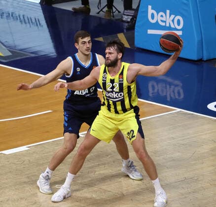 Danilo Barthel of Fenerbahce and Ben Lammers of Alba Berlin during the Turkish Airlines Euroleague basketball match between Fenerbahce Beko and Alba Berlin at Ulker arena in Istanbul , Turkey on February 19 , 2021. 