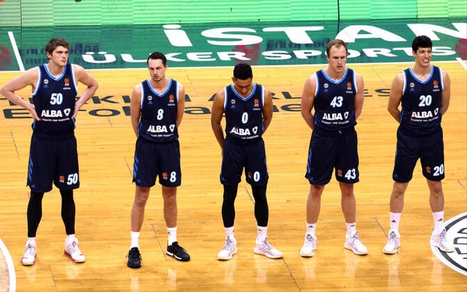 L to R , Ben Lammers (50) , Marcus Eriksson (8) , Maodo Lo (0) , Luke SÄ±kma (43) and Simone Fontecchio (20) of Alba Berlin during the Turkish Airlines Euroleague basketball match between Fenerbahce Beko and Alba Berlin at Ulker arena in Istanbul , Turkey on February 19 , 2021. 