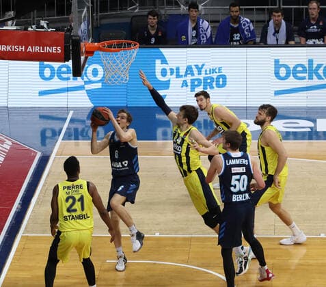Jan Vesely (24) , Dyshawn Pierre (21) of Fenerbahce and Ben Lammers (50) , Malte Delow (6) of Alba Berlin during the Turkish Airlines Euroleague basketball match between Fenerbahce Beko and Alba Berlin at Ulker arena in Istanbul , Turkey on February 19 , 2021. 