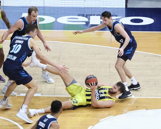 Danilo Barthel of Fenerbahce and Tin Schneider (10) , Marcus Eriksson (8) of Alba Berlin during the Turkish Airlines Euroleague basketball match between Fenerbahce Beko and Alba Berlin at Ulker arena in Istanbul , Turkey on February 19 , 2021. 