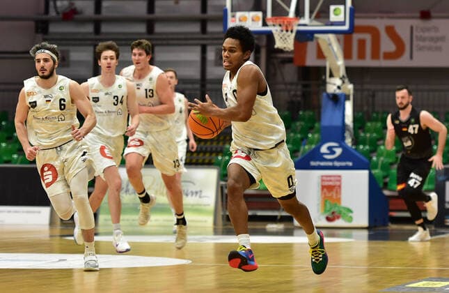 19 02 2021 Basketball Season 2020 2021 2 Bundesliga Pro A 22 Game Day Nürnberg Falcons Basketball Club NBC Kirchheim Knights OGo Martin Bogdanov 6, Nürnberg Falcons BC NBC Jackson Ross Kent 34, Nürnberg Falcons BC NBC Jonathan Maier 13, Nürnberg Falcons BC NBC Tra Holder 0, Nürnberg Falcons BC NBC Andreas Kronhardt 47, Kirchheim Knights