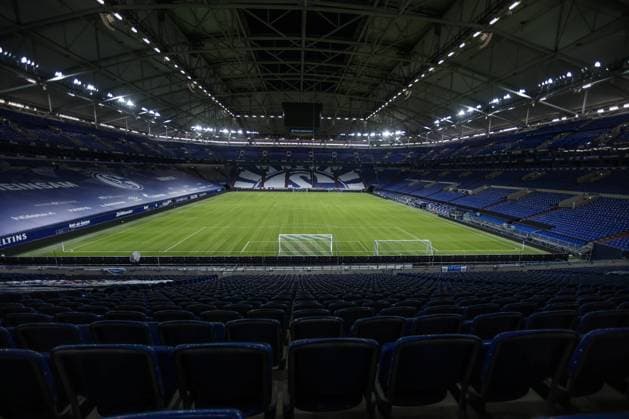 19 02 2021, Football, 2020 2021 season, 1 Bundesliga, Choreography of the fans at the Veltins Arena before the Revierderby of FC Schalke 04 against Borussia Dortmund Tim Rehbein RHR PHOTO Gelsenkirchen Veltins Arena NRW Germany xRHR PHOTO TRx
