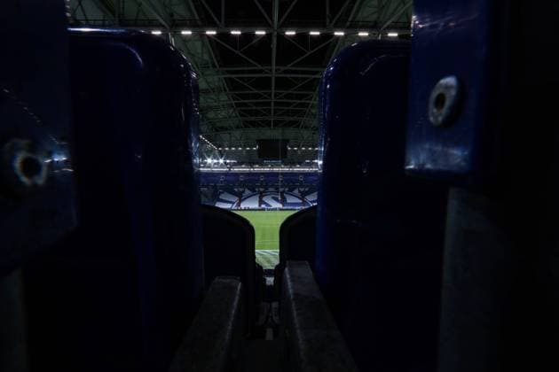 19 02 2021, Football, 2020 2021 season, 1 Bundesliga, Choreography of the fans at the Veltins Arena before the Revierderby of FC Schalke 04 against Borussia Dortmund Tim Rehbein RHR PHOTO Gelsenkirchen Veltins Arena NRW Germany xRHR PHOTO TRx