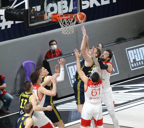 Goksenin Koksal (61) , Sertac Sanli of Turkey and Simon Birgander of Sweden FIBA Eurobasket Qualifiers Group D match between Turkey and Sweden at Besiktas Akatlar Arena in Istanbul , Turkey on February 20 , 2021. 