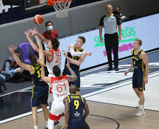 Goksenin Koksal (61) , Alperen Sengul (23) of Turkey and Jonas Christopher Jerebko (33) , Christopher Daniel Czerapowicz (13) , Thomas Massamba (9) of Sweden FIBA Eurobasket Qualifiers Group D match between Turkey and Sweden at Besiktas Akatlar Arena in Istanbul , Turkey on February 20 , 2021. 