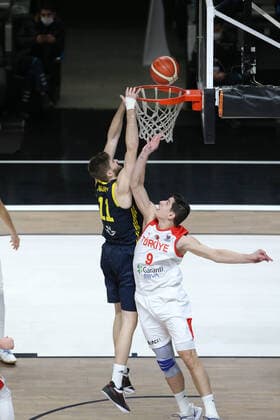 Samet Geyik (9) of Turkey and William Magarity (11) of Sweden FIBA Eurobasket Qualifiers Group D match between Turkey and Sweden at Besiktas Akatlar Arena in Istanbul , Turkey on February 20 , 2021. 