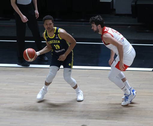 Bugrahan Tuncer (R) of Turkey and Jan Patrik Melwin Pantzar (L) of Sweden FIBA Eurobasket Qualifiers Group D match between Turkey and Sweden at Besiktas Akatlar Arena in Istanbul , Turkey on February 20 , 2021. 