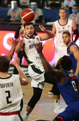 20.02.2021 Podgorica(Montenegro) Germany-Great Britain Eurobasket qualifiers men s basketball Ismet Akpinar(C) Germany Ovie Soko(R) Great Britain :Str