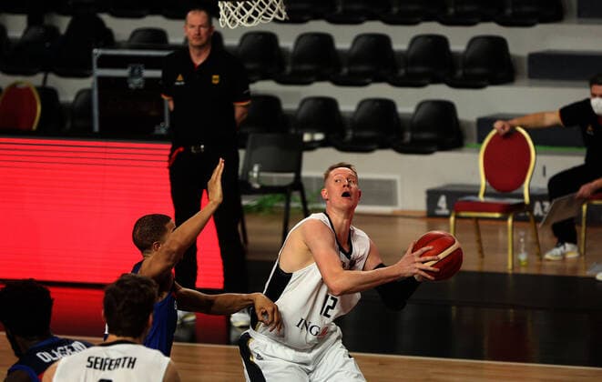 20.02.2021 Podgorica(Montenegro) Germany-Great Britain Eurobasket qualifiers men s basketball Robin Benzing(R) Germany :Str