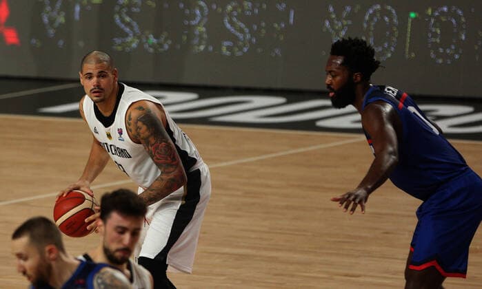 20.02.2021 Podgorica(Montenegro) Germany-Great Britain Eurobasket qualifiers men s basketball Maik Zirbes(L) Germany,Ovie Soko(R) Great Britain :Str