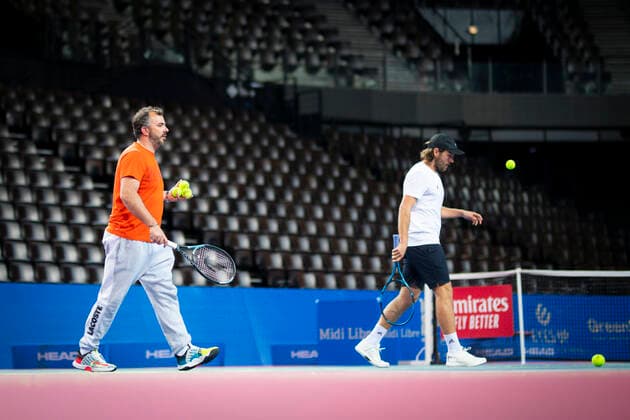entrainement de Lucas Pouille (Fra) en presence de Thierry Ascione TENNIS : Tirage au Sort - Open Sud de France 2021 - Montpellier - 20 02 2021 JBAutissier Panoramic 