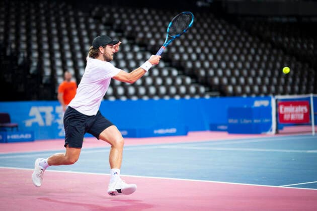 entrainement de Lucas Pouille (Fra) TENNIS : Tirage au Sort - Open Sud de France 2021 - Montpellier - 20 02 2021 JBAutissier Panoramic 