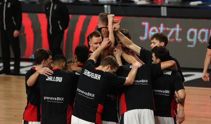 20.02.2021 Podgorica(Montenegro) Germany-Great Britain Eurobasket qualifiers men s basketball Germany players before match Robin Benzing, Andreas Seifert,Jan Niklas Wimberg :Str