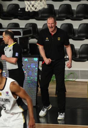 20.02.2021 Podgorica(Montenegro) Germany-Great Britain Eurobasket qualifiers men s basketball Henrik Rödl Roedl Germany bundestrainer head coach react during match :Str