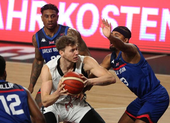 20.02.2021 Podgorica(Montenegro) Germany-Great Britain Eurobasket qualifiers men s basketball Jank Niklas Wimberg(C) Germany, Dwayne Lautier Ogunleye(R) Great Britain :Str