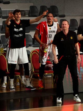 20.02.2021 Podgorica(Montenegro) Germany-Great Britain Eurobasket qualifiers men s basketball Andreas Seiferth(L),Maik Zirbes(C) react during lost match beside Henrik Rödl Roedl(R) Germany head coach :Str