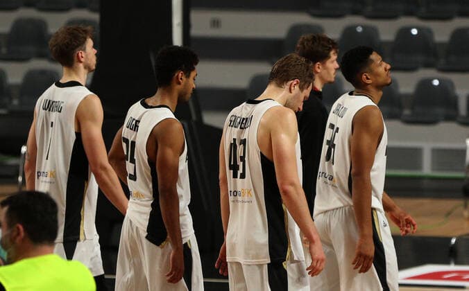 20.02.2021 Podgorica(Montenegro) Germany-Great Britain Eurobasket qualifiers men s basketball Jan Niklas Wimberg,Kenneth Ogbe,Christian Sengfelder,Karim Jallow Germany after lost match :Str