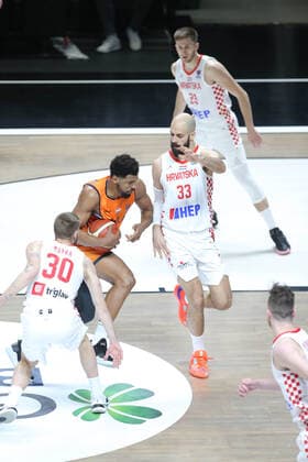 Basketball, EM Quali, Kroatien - Niederlande Zeljko Sakic (33) , Dominik Mavra (30) of Croatia and Mohamed Kherrazi (9) of Netherlands during the FIBA Eurobasket Qualifiers Group D match between Croatia and Netherlands at Besiktas Akatlar Arena in Istanbul , Turkey on February 20 , 2021. 