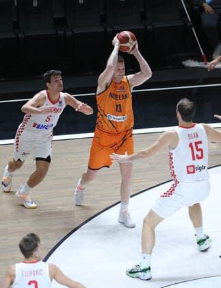 Basketball, EM Quali, Kroatien - Niederlande Filip Kruslin (5) , Miro Bilan (15) of Croatia and Roeland Schaftenaar (13) of Netherlands during the FIBA Eurobasket Qualifiers Group D match between Croatia and Netherlands at Besiktas Akatlar Arena in Istanbul , Turkey on February 20 , 2021. 