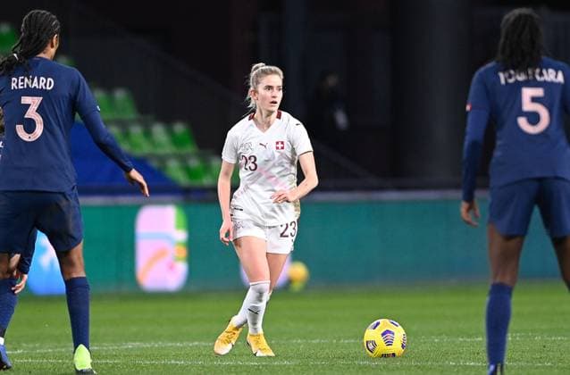 Longeville-les-Metz, France, Fe Swiss Marilena Widmer (23) pictured in action during the Womens International Friendly, Länderspiel, Nationalmannschaft game between France and Switzerland at Stade Saint-Symphorien in Longeville-les-Metz, France. Womens International Friendly - France vs Switzerland 