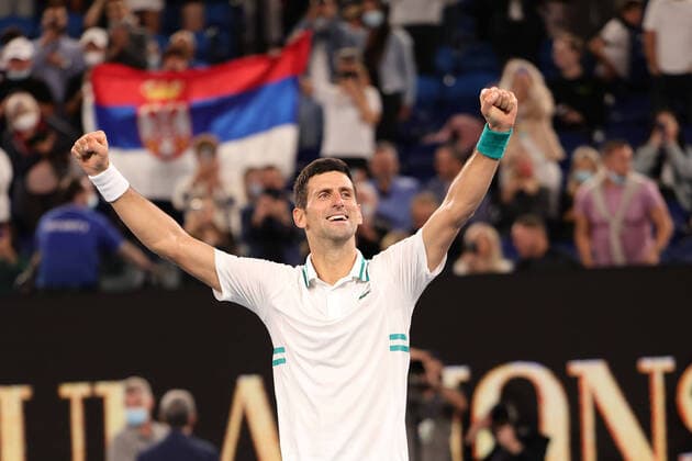 February 21, 2021: 1st seed Novak Djokovic of Serbia celebrates after defeating 4th seed Daniil Medvedev of the Russian Federation in the Men s Final match match on day 14 of the 2021 Australian Open on Rod Laver Arena, in Melbourne, Australia. Cal Media. Melbourne Australia - ZUMAc04_ 20210221_zaf_c04_052 Copyright: xSydneyxLowx