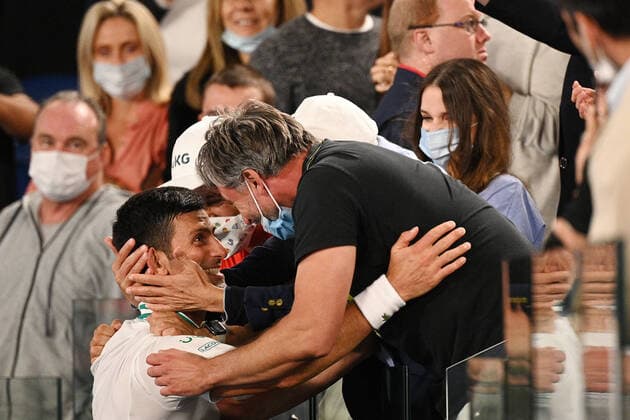 TENNIS AUSTRALIAN OPEN, Novak Djokovic of Serbia is congratulated by coach Goran Ivanisevic after winning his Men s singles finals match against Daniil Medvedev of Russia on Day 14 of the Australian Open at Melbourne Park in Melbourne, Sunday, February 21, 2021. ( NO ARCHIVING, EDITORIAL USE ONLY, NO USE IN BOOKS WITHOUT CONSENT MELBOURNE VIC AUSTRALIA  Copyright: xDEANxLEWINSx 20210221001522094615