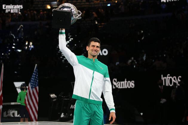 Novak Djokovic, SRB, during award ceremony after final of 2021 Australian Open in Melbourne, 21 02 2021
