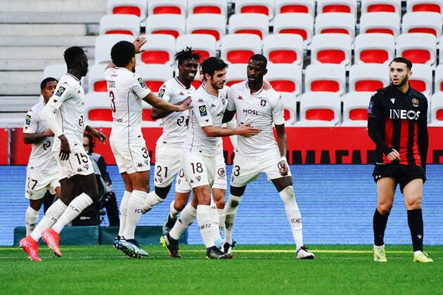 Joie - Boubakar Kouyate (FC Metz) - Fabien Centonze (FC Metz) - John Boye (FC Metz) FOOTBALL : OGC Nice vs FC Metz - Ligue 1 Uber Eats - Nice - 21 02 2021 NorbertScanella PanoramiC 