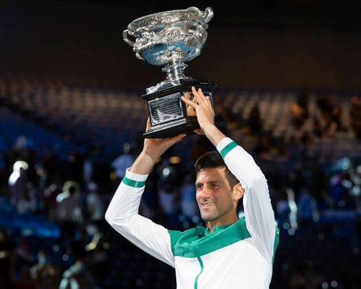 Winner Novak Djokovic with the trophy, award ceremony, presentation mens singles final, final Australian Open 2021 Melbourne Park Melbourne Victoria Australia 21 02 2021 Copyright: xx
