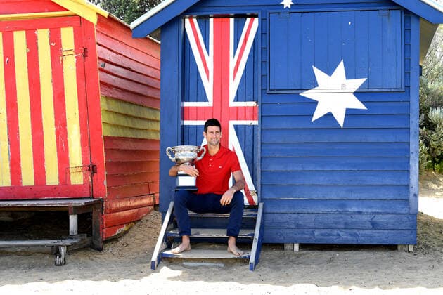 TENNIS AUSTRALIAN OPEN, Novak Djokovic of Serbia poses for photographs on Brighton Beach with the Norman Brookes Challenge Cup following his Men s singles finals win against Daniil Medvedev of Russia at the Australian Open in Melbourne, Monday, February 22, 2021. ( NO ARCHIVING, EDITORIAL USE ONLY, NO USE IN BOOKS WITHOUT CONSENT MELBOURNE VIC AUSTRALIA  Copyright: xDAVExHUNTx 20210222001522312013
