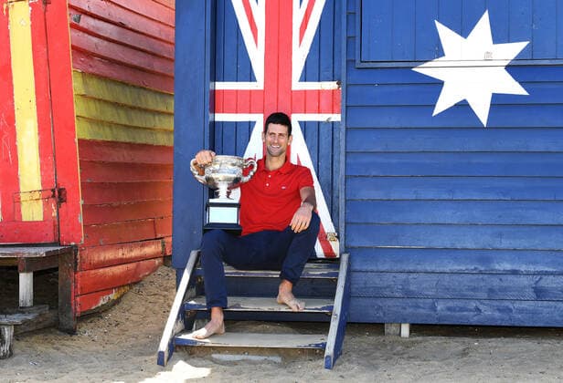 TENNIS AUSTRALIAN OPEN, Novak Djokovic of Serbia poses for photographs on Brighton Beach with the Norman Brookes Challenge Cup following his Men s singles finals win against Daniil Medvedev of Russia at the Australian Open in Melbourne, Monday, February 22, 2021. ( NO ARCHIVING, EDITORIAL USE ONLY, NO USE IN BOOKS WITHOUT CONSENT MELBOURNE VIC AUSTRALIA  Copyright: xDAVExHUNTx 20210222001522323266