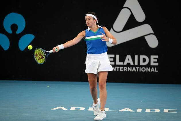 ADELAIDE, AUSTRALIA - FEBRUARY 22: Anastasija Sevastova of Lativa plays a forehand against Caroline Garcia of France during their singles match on day one of the Adelaide International tennis tournament at Memorial Drive on February 22, 2021 in Adelaide, Australia. (Photo by Peter Mundy Speed Media Icon Sportswire) TENNIS: FEB 22 - Adelaide International Icon210222006