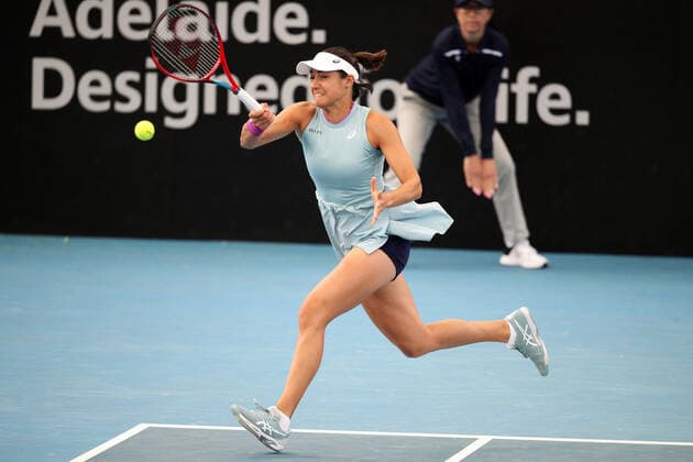 ADELAIDE, AUSTRALIA - FEBRUARY 22: Caroline Garcia of France plays a forehand against Anastasija Sevastova of Lativa during their singles match on day one of the Adelaide International tennis tournament at Memorial Drive on February 22, 2021 in Adelaide, Australia. (Photo by Peter Mundy Speed Media Icon Sportswire) TENNIS: FEB 22 - Adelaide International Icon210222012