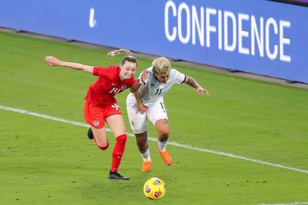 Fußball, Damen Länderspiel, SheBelieves Cup, Argentinien - Kanada February 21, 2021: Canada defender GABRIELLE CARLE (14) competes for the ball against Argentina forward YAMILA RODRIGUEZ (11) during the SheBelieves Cup Argentina vs Canada match at Exploria Stadium in Orlando, Fl on February 21, 2021. - ZUMAk149 20210221_zsp_k149_064 Copyright: xCoryxKnowltonx