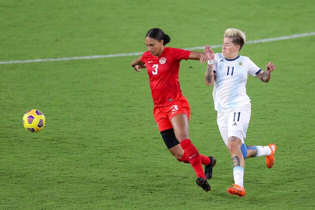 Fußball, Damen Länderspiel, SheBelieves Cup, Argentinien - Kanada February 21, 2021: Canada defender JADE ROSE (3) competes for the ball against Argentina forward YAMILA RODRIGUEZ (11) during the SheBelieves Cup Argentina vs Canada match at Exploria Stadium in Orlando, Fl on February 21, 2021. - ZUMAk149 20210221_zsp_k149_065 Copyright: xCoryxKnowltonx