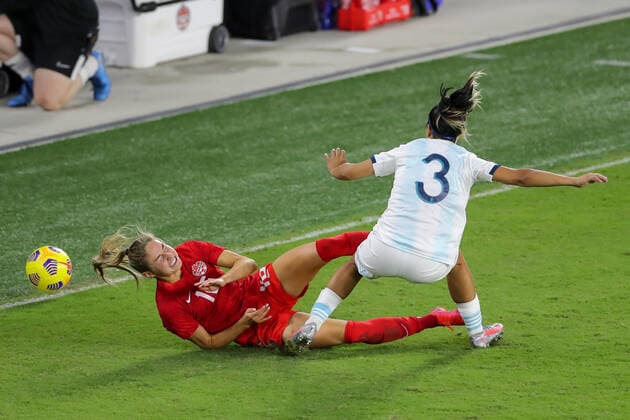 Fußball, Damen Länderspiel, SheBelieves Cup, Argentinien - Kanada February 21, 2021: Canada forward JANINE BECKIE (16) gets tripped up by Argentina defender ELIANA SToÂBILE (3) during the SheBelieves Cup Argentina vs Canada match at Exploria Stadium in Orlando, Fl on February 21, 2021. - ZUMAk149 20210221_zsp_k149_080 Copyright: xCoryxKnowltonx