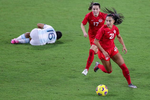 Fußball, Damen Länderspiel, SheBelieves Cup, Argentinien - Kanada February 21, 2021: Canada midfielder JORDYN LISTRO (21) wins the battle for the ball against Argentina midfielder LORENA BENoÂTEZ (16) during the SheBelieves Cup Argentina vs Canada match at Exploria Stadium in Orlando, Fl on February 21, 2021. - ZUMAk149 20210221_zsp_k149_082 Copyright: xCoryxKnowltonx