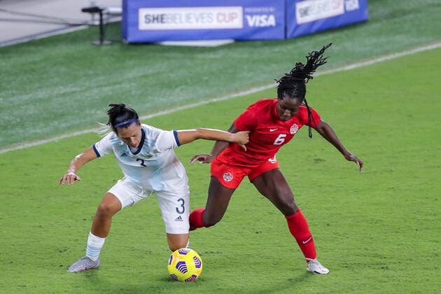 Fußball, Damen Länderspiel, SheBelieves Cup, Argentinien - Kanada February 21, 2021: Argentina defender ELIANA SToÂBILE (3) competes for the ball against Canada forward DEANNE ROSE (6) during the SheBelieves Cup Argentina vs Canada match at Exploria Stadium in Orlando, Fl on February 21, 2021. - ZUMAk149 20210221_zsp_k149_095 Copyright: xCoryxKnowltonx
