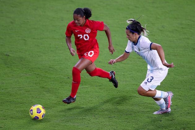 Fußball, Damen Länderspiel, SheBelieves Cup, Argentinien - Kanada February 21, 2021: Canada defender JAYDE RIVIERE (20) competes for the ball against Argentina defender ELIANA SToÂBILE (3) during the SheBelieves Cup Argentina vs Canada match at Exploria Stadium in Orlando, Fl on February 21, 2021. - ZUMAk149 20210221_zsp_k149_099 Copyright: xCoryxKnowltonx