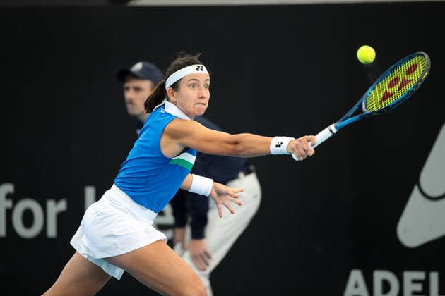 ADELAIDE, AUSTRALIA - FEBRUARY 22: Anastasija Sevastova of Lativa hits a backhand against Caroline Garcia of France during their singles match on day one of the Adelaide International tennis tournament at Memorial Drive on February 22, 2021 in Adelaide, Australia. (Photo by Peter Mundy Speed Media Icon Sportswire) TENNIS: FEB 22 - Adelaide International Icon210222041
