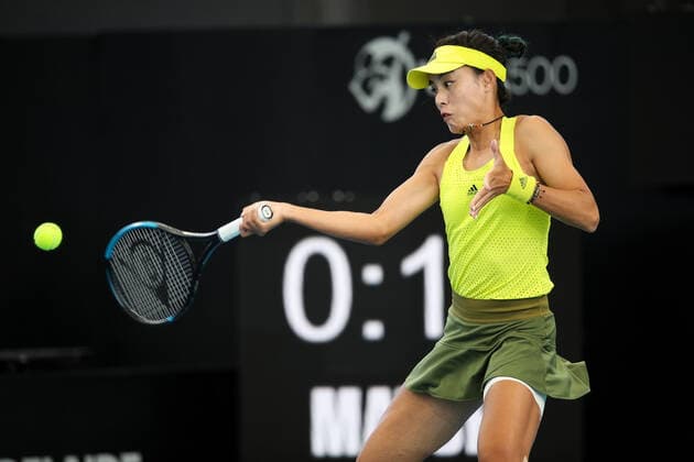 ADELAIDE, AUSTRALIA - FEBRUARY 22: Qiang Wang of China plays a forehand against Olivia Gadecki of Australia during their singles match on day one of the Adelaide International tennis tournament at Memorial Drive on February 22, 2021 in Adelaide, Australia. (Photo by Peter Mundy Speed Media Icon Sportswire) TENNIS: FEB 22 - Adelaide International Icon210222061