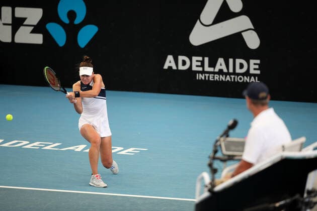 ADELAIDE, AUSTRALIA - FEBRUARY 22: Veronika Kudermetova of Russia hits a backhand against Shelby Rogers of United States during their singles match on day one of the Adelaide International tennis tournament at Memorial Drive on February 22, 2021 in Adelaide, Australia. (Photo by Peter Mundy Speed Media Icon Sportswire) TENNIS: FEB 22 - Adelaide International Icon210222133