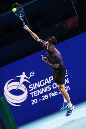 (210222) -- SINGAPORE, Feb. 22, 2021 -- Japan s Daniel Taro serves during the men s singles first round match between Japan s Daniel Taro and India s Ramkumar Ramanathan at the Singapore Tennis Open in Singapore, Feb. 22, 2021. (Photo by Xinhua) (SP)SINGAPORE-TENNIS-SINGAPORE OPEN-MEN S SINGLES ThenxChihxWey 