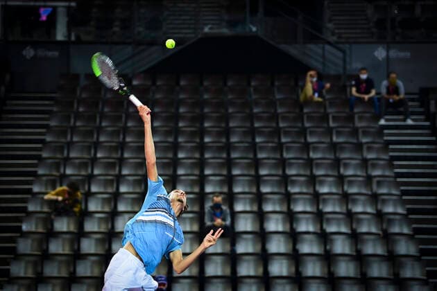 Lorenzo Sonego (Ita) TENNIS : Open Sud de France 2021 - Montpellier - 22 02 2021 JBAutissier Panoramic 