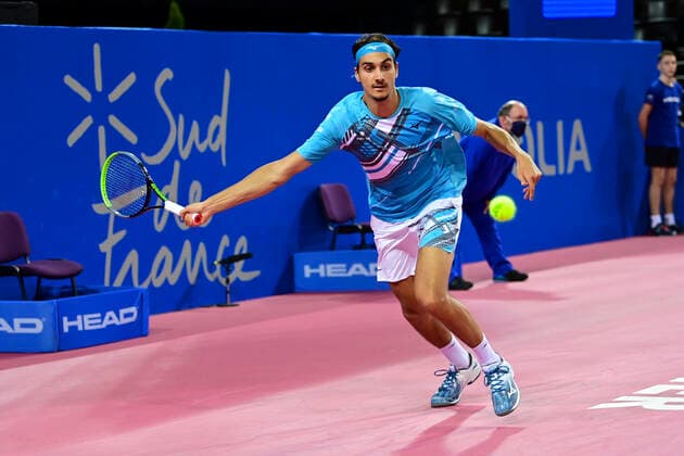 Lorenzo Sonego (Ita) TENNIS : Open Sud de France 2021 - Montpellier - 22 02 2021 JBAutissier Panoramic 